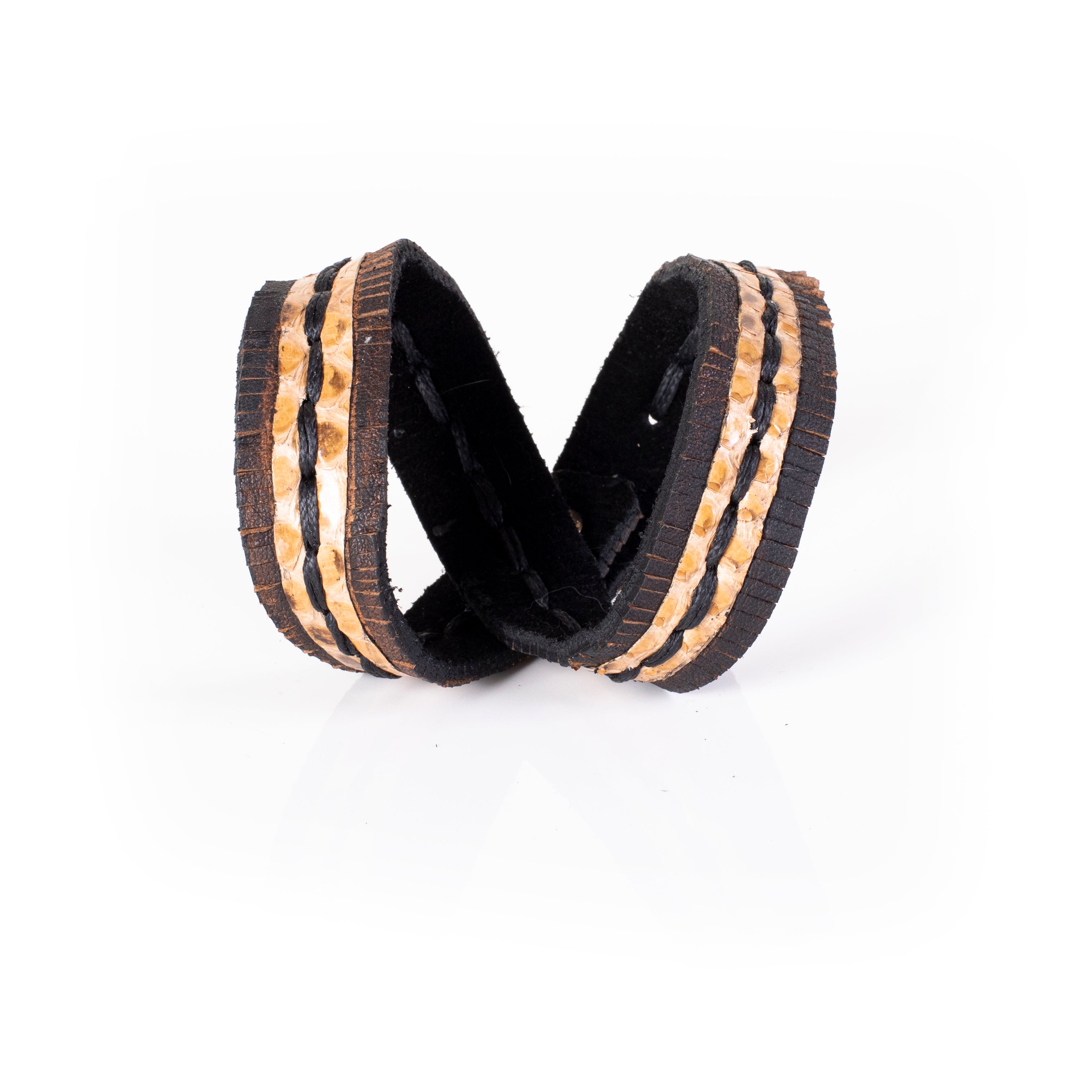 Brown leather double wrap bracelet with python inlay, hand stitching and fringe edges, handcrafted statement bracelet for women by THE DARK