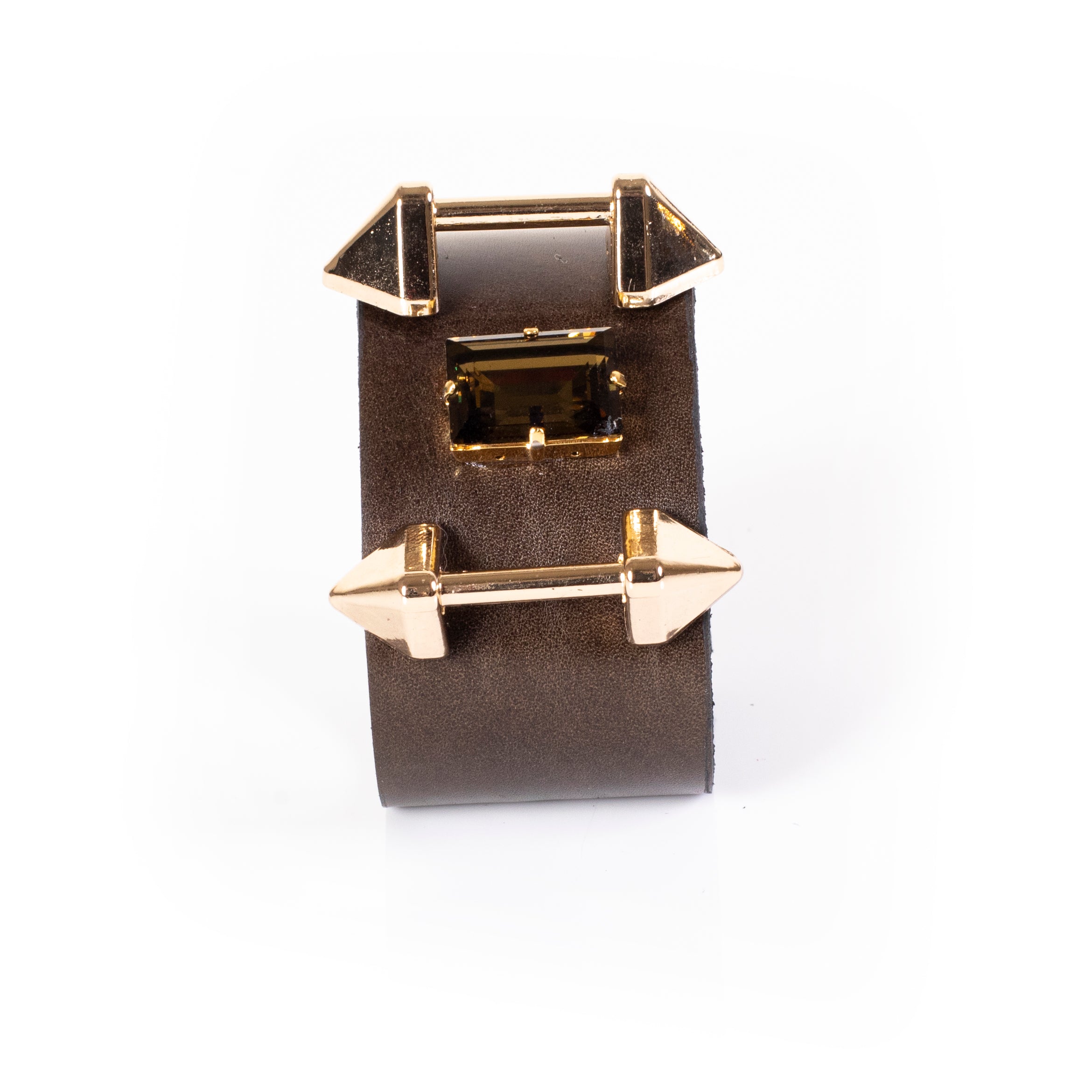 Brown leather cuff bracelet with gold bar hardware and crystal detail, handcrafted wide statement bracelet for women