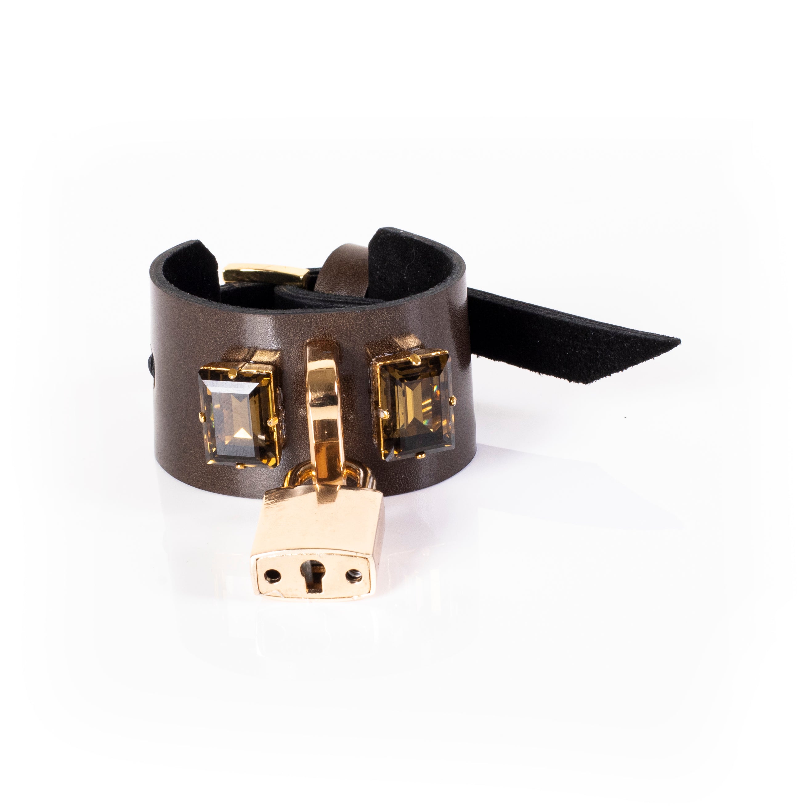 Brown leather cuff bracelet with crystal stones and padlock detail, handcrafted wide statement bracelet for women