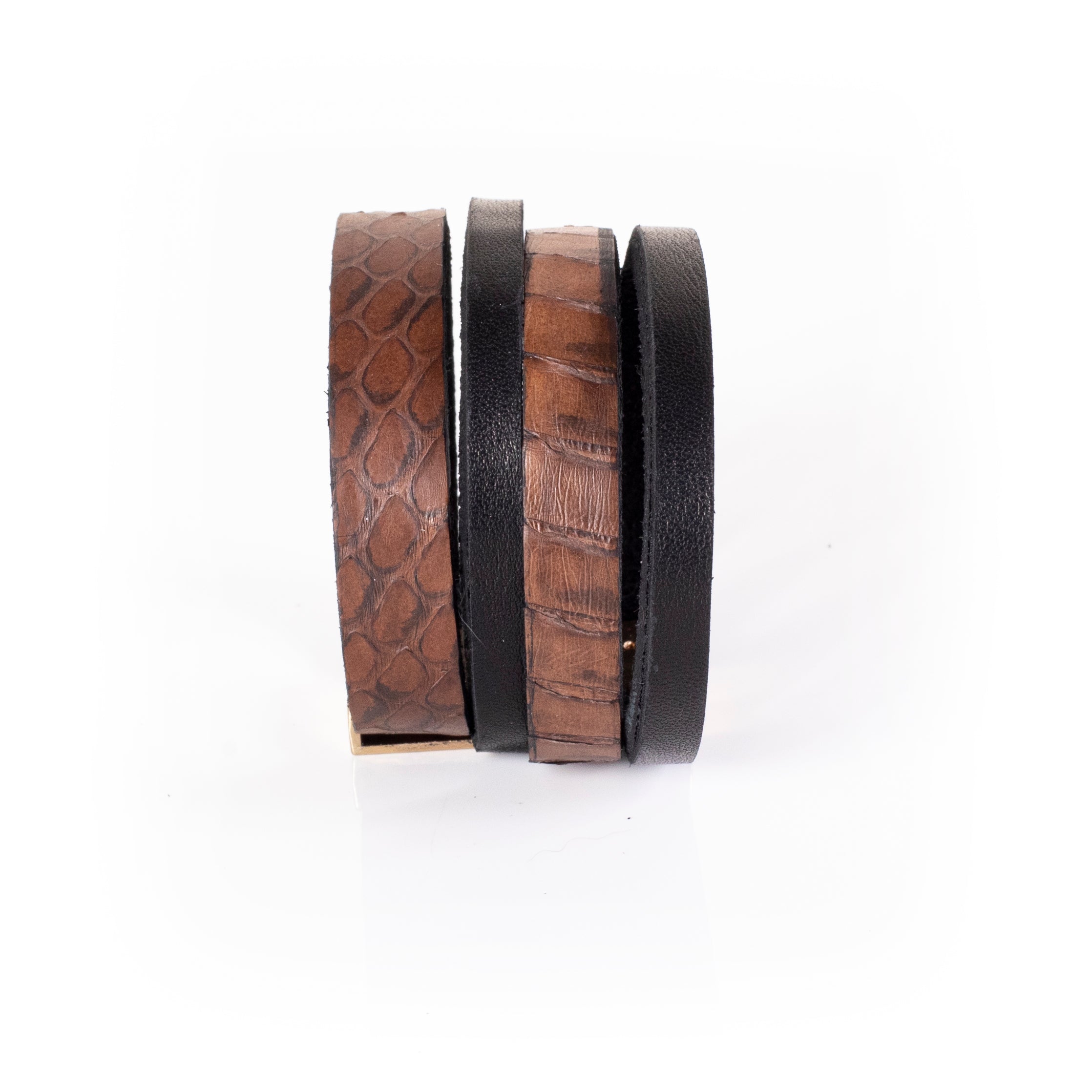 Brown and black layered leather cuff bracelet with textured reptile pattern, wide multi-band statement bracelet for women