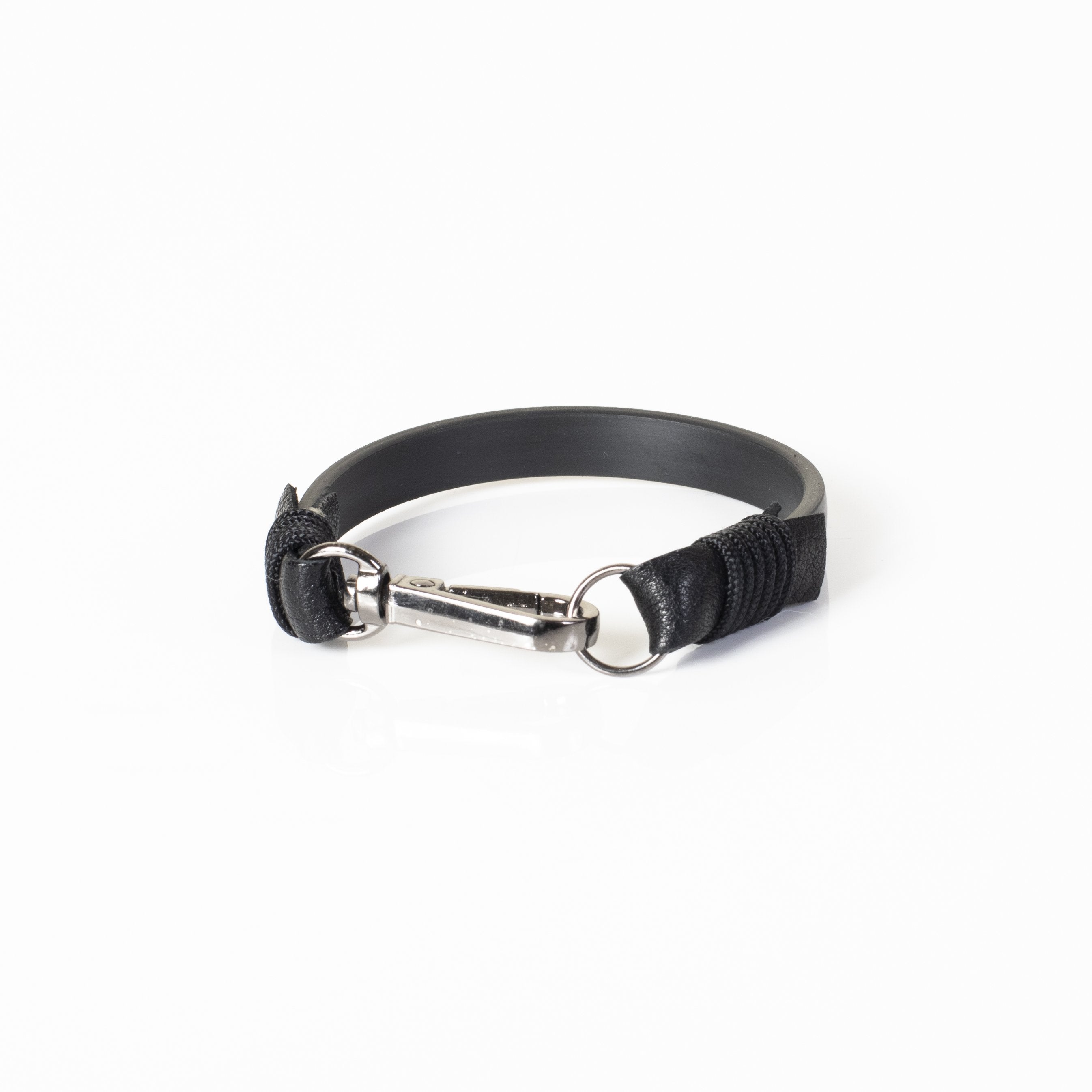 Handmade black minimalist leather bracelet with polished hook clasp and smooth leather band.