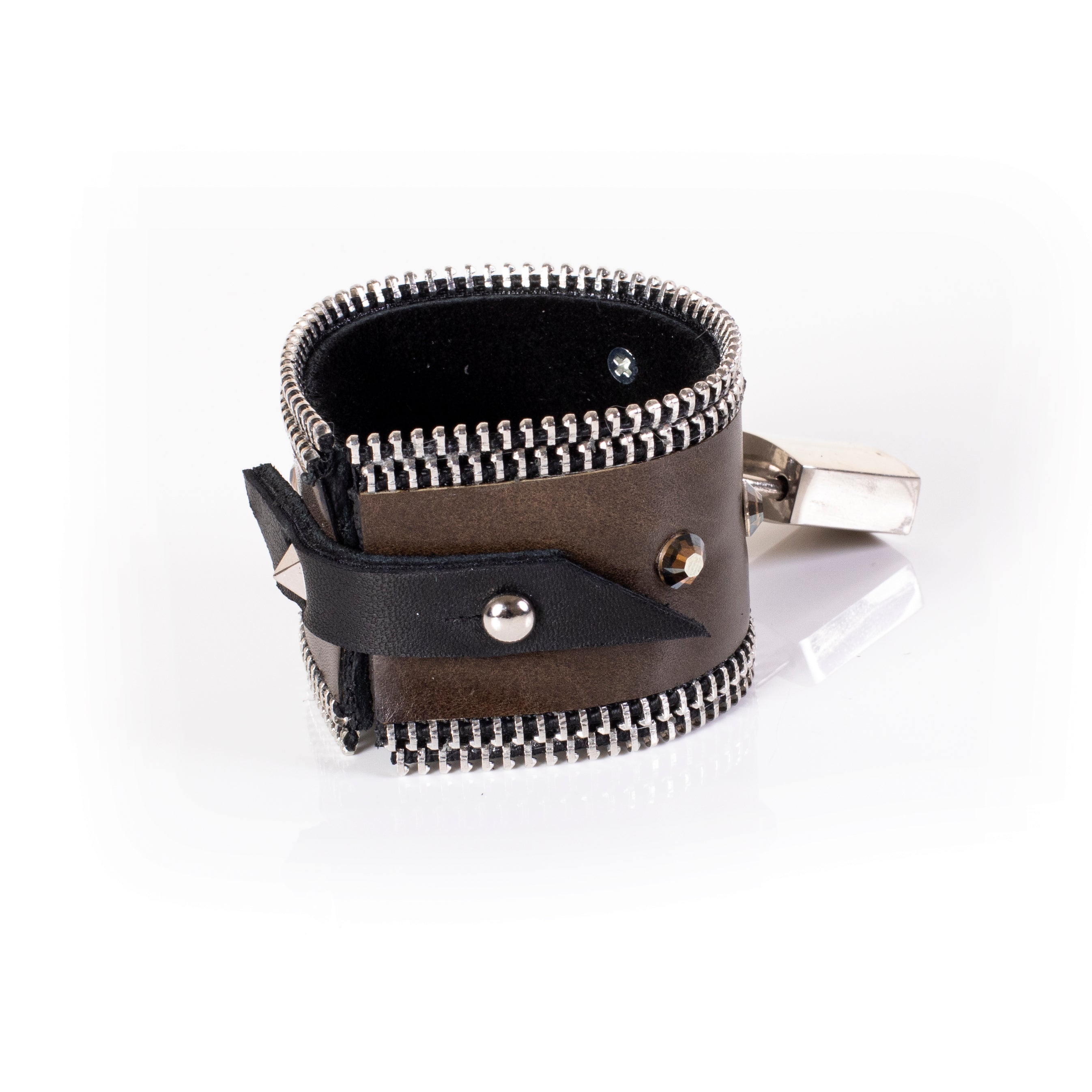 Brown leather cuff bracelet with zipper edges, crystal studs and padlock detail, edgy statement bracelet for women