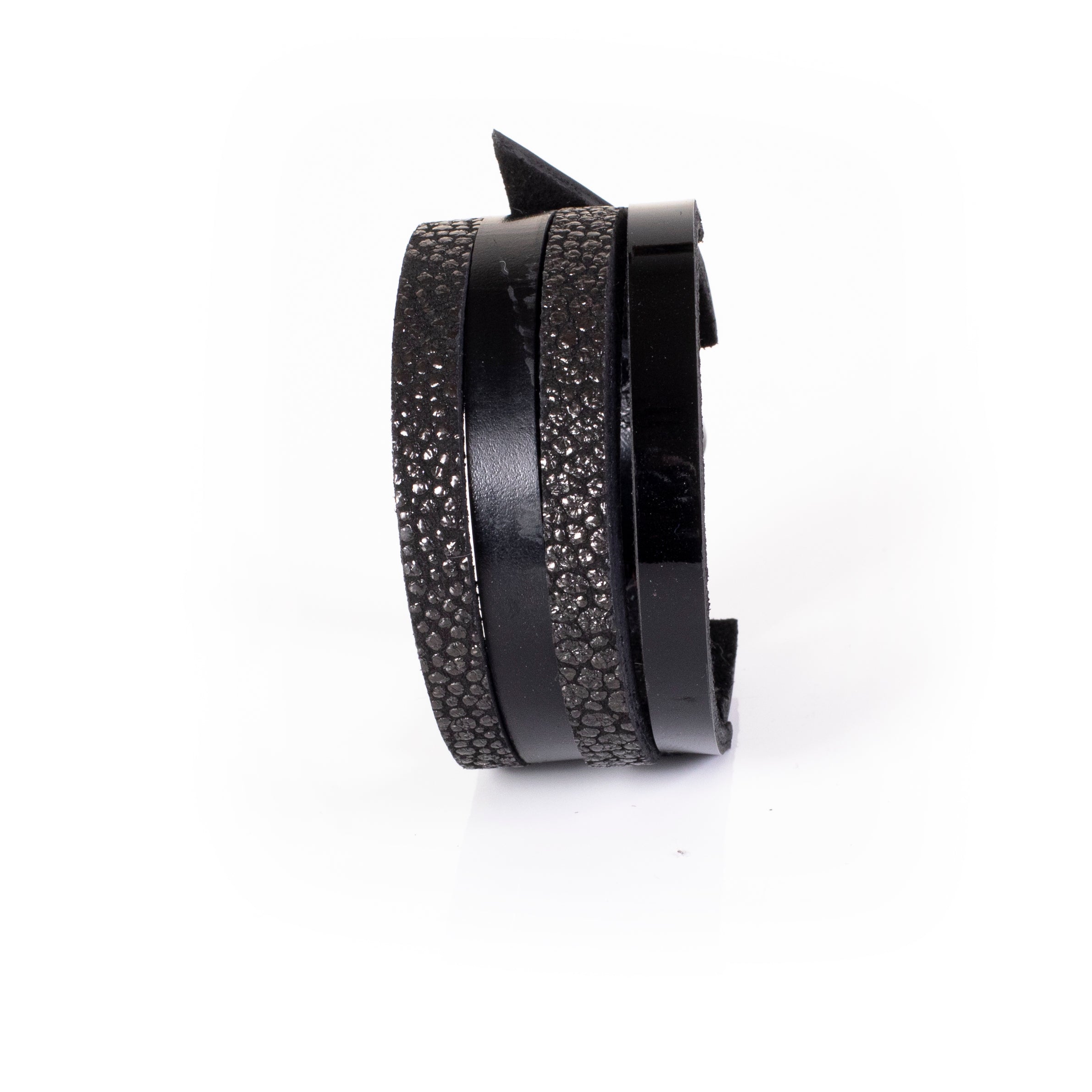 Black leather cuff bracelet with layered glossy and textured strips, wide statement bracelet for women