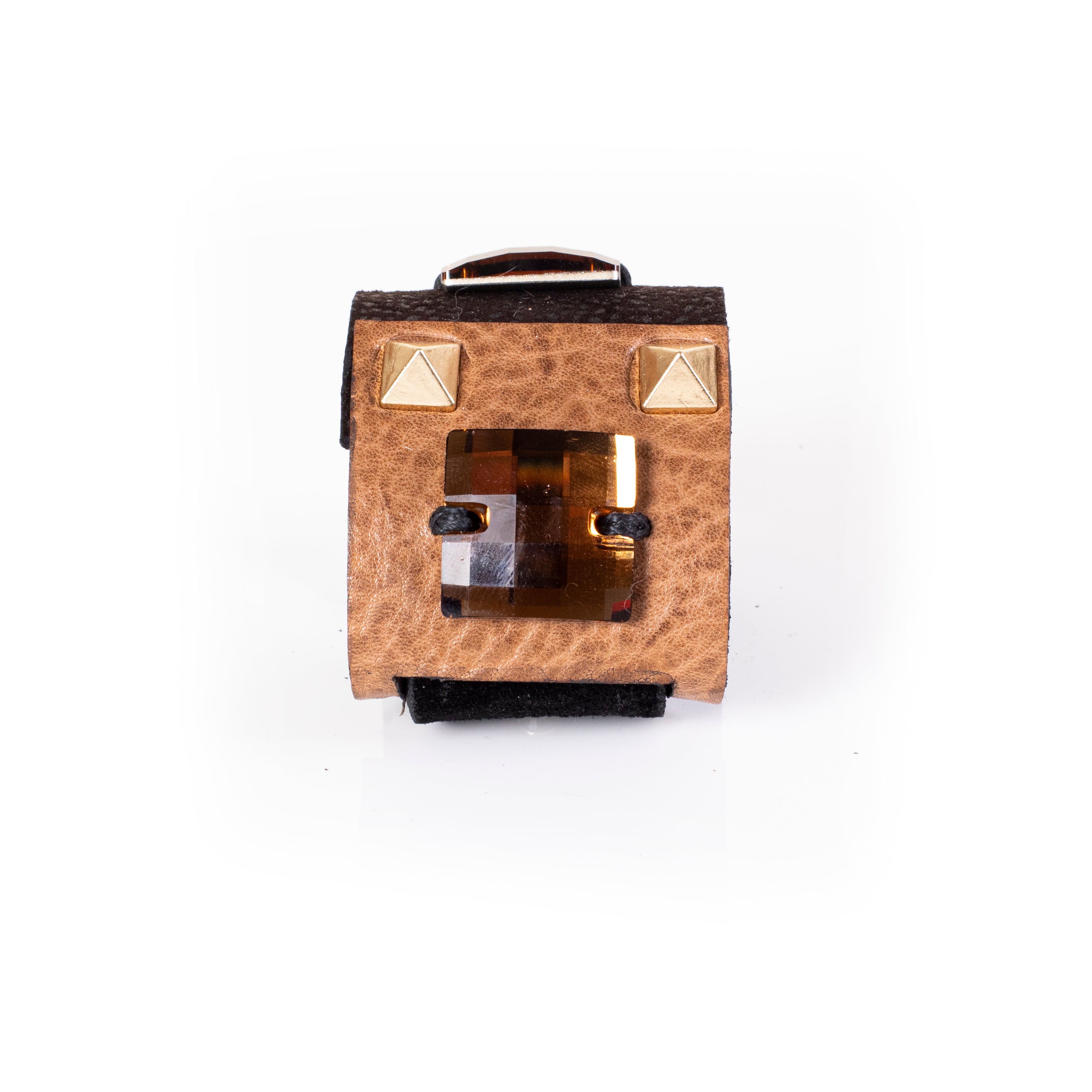 Brown leather cuff bracelet with two amber crystal stones and gold stud accents, wide handcrafted statement piece