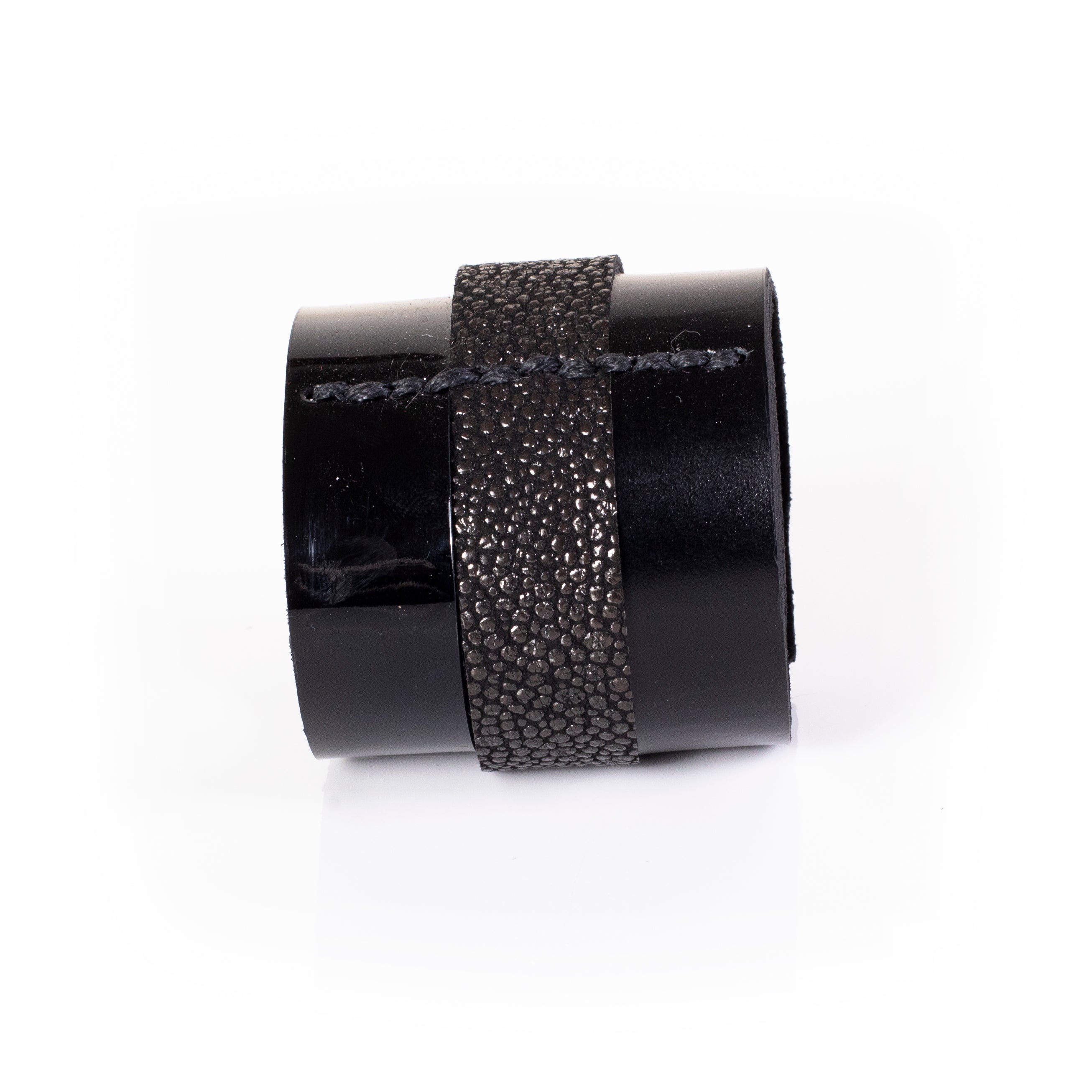 Black leather cuff bracelet with glossy and textured center band, wide statement bracelet for women