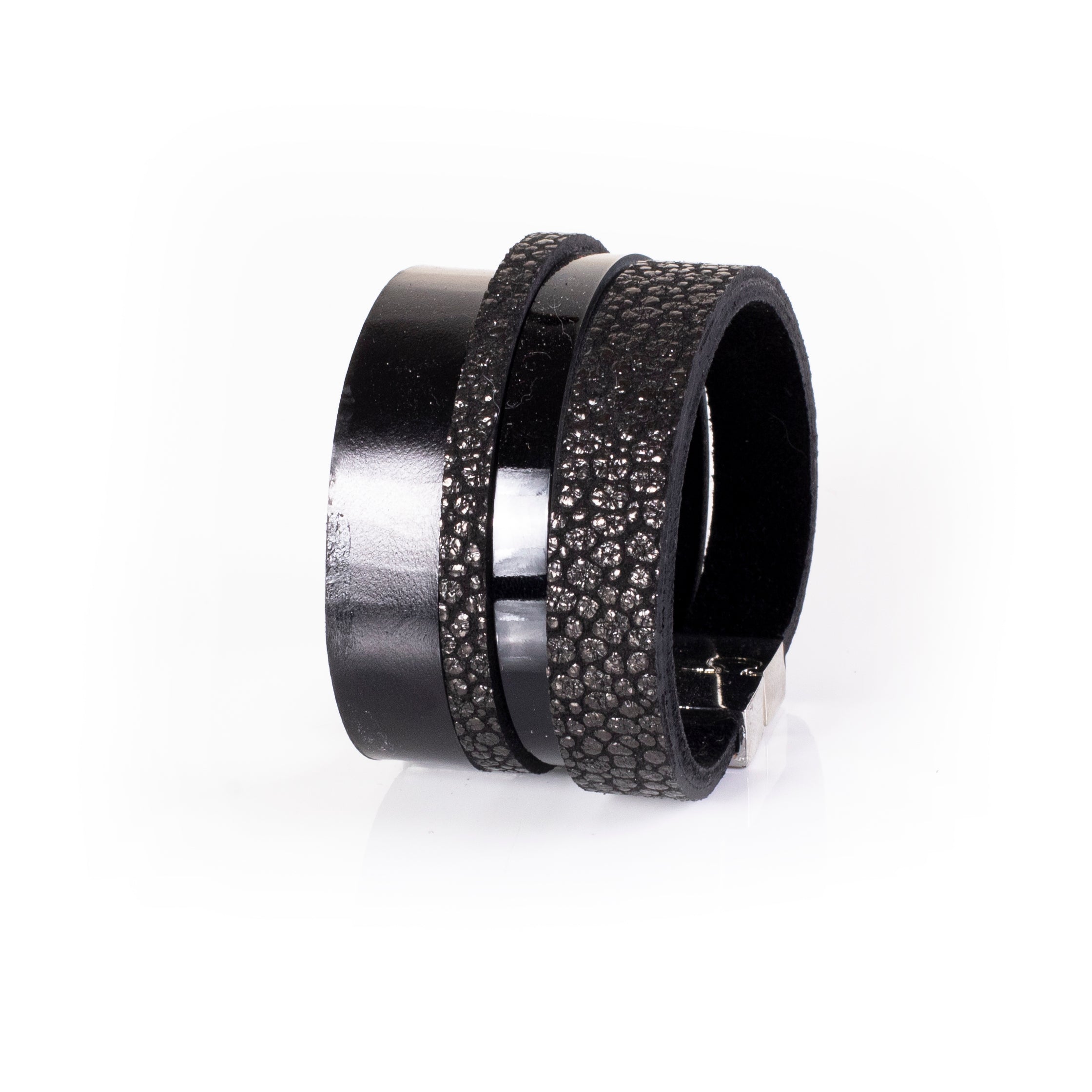Black leather cuff bracelet with dual textured bands and glossy center strip, wide statement bracelet for women
