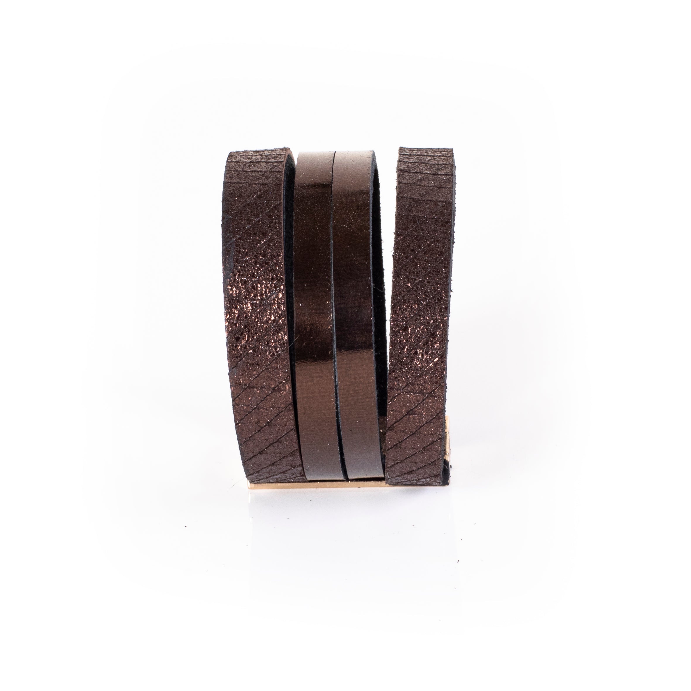 brown leather wrap bracelet with multiple layered straps and metallic bronze finish minimalist design