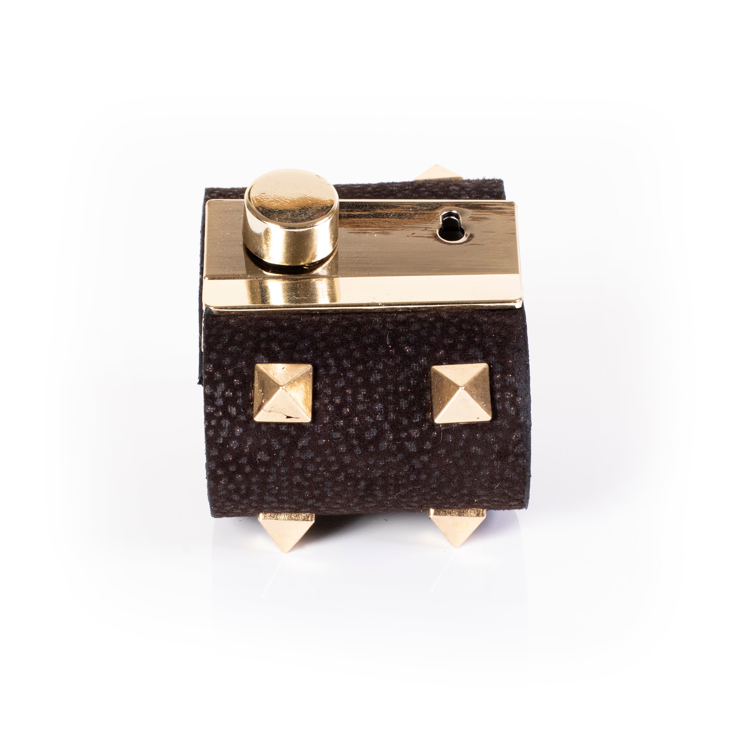 Black textured leather cuff bracelet with gold lock plate detail and pyramid studs, handcrafted wide statement bracelet for women