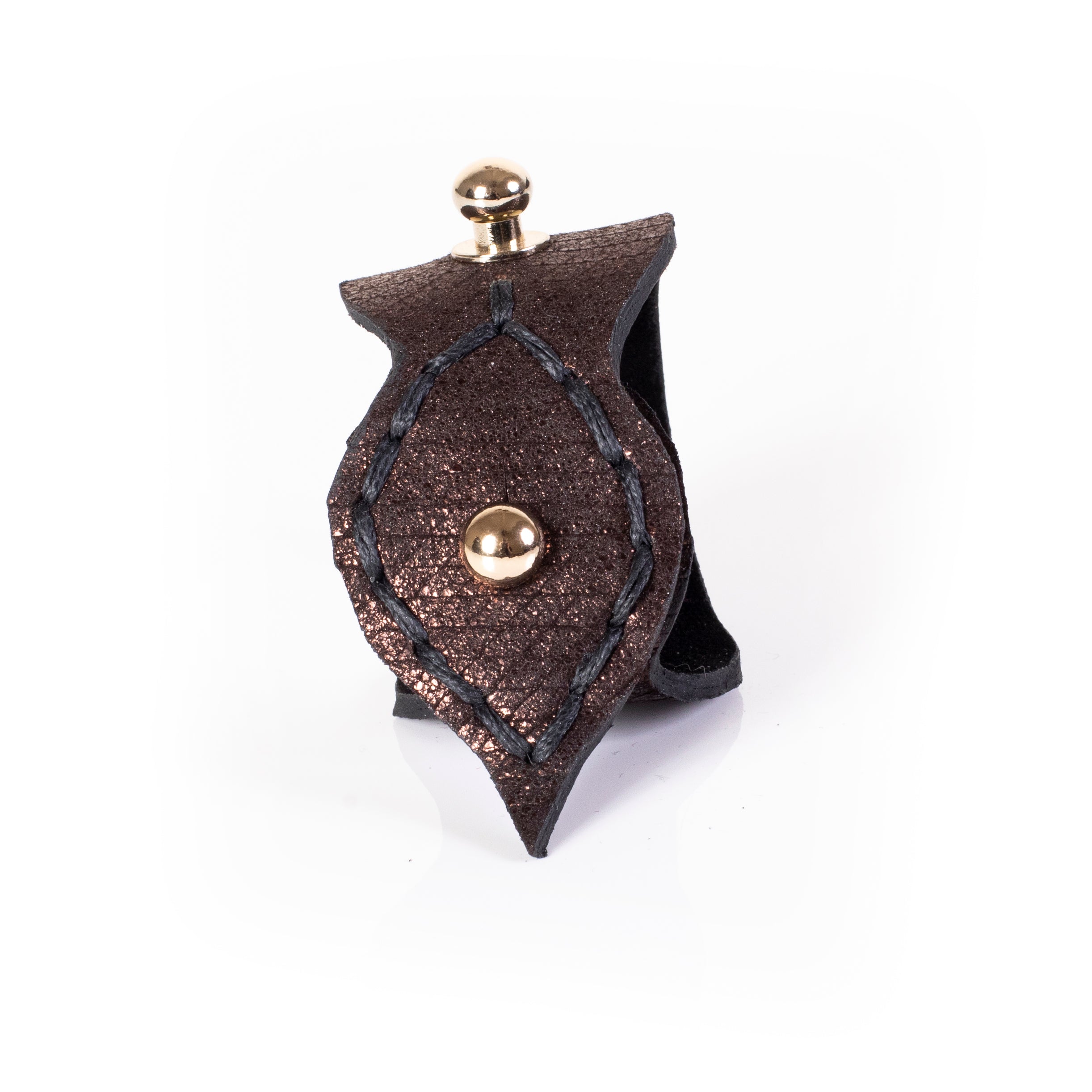 Metallic brown leather cuff bracelet with leaf-shaped flap and gold stud, handcrafted statement bracelet for women