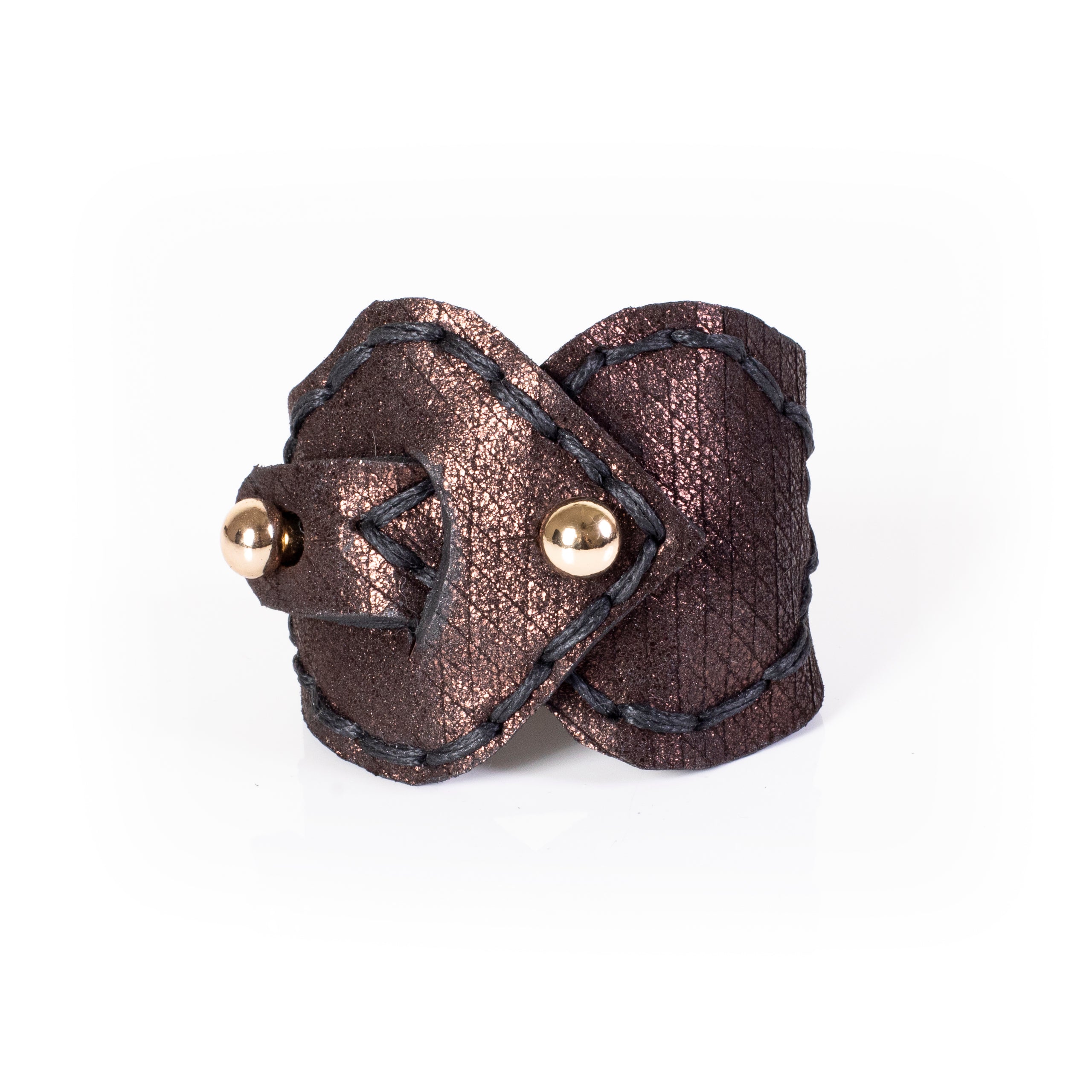 Metallic brown leather cuff bracelet with hand stitching and gold stud detail, wide statement bracelet for women