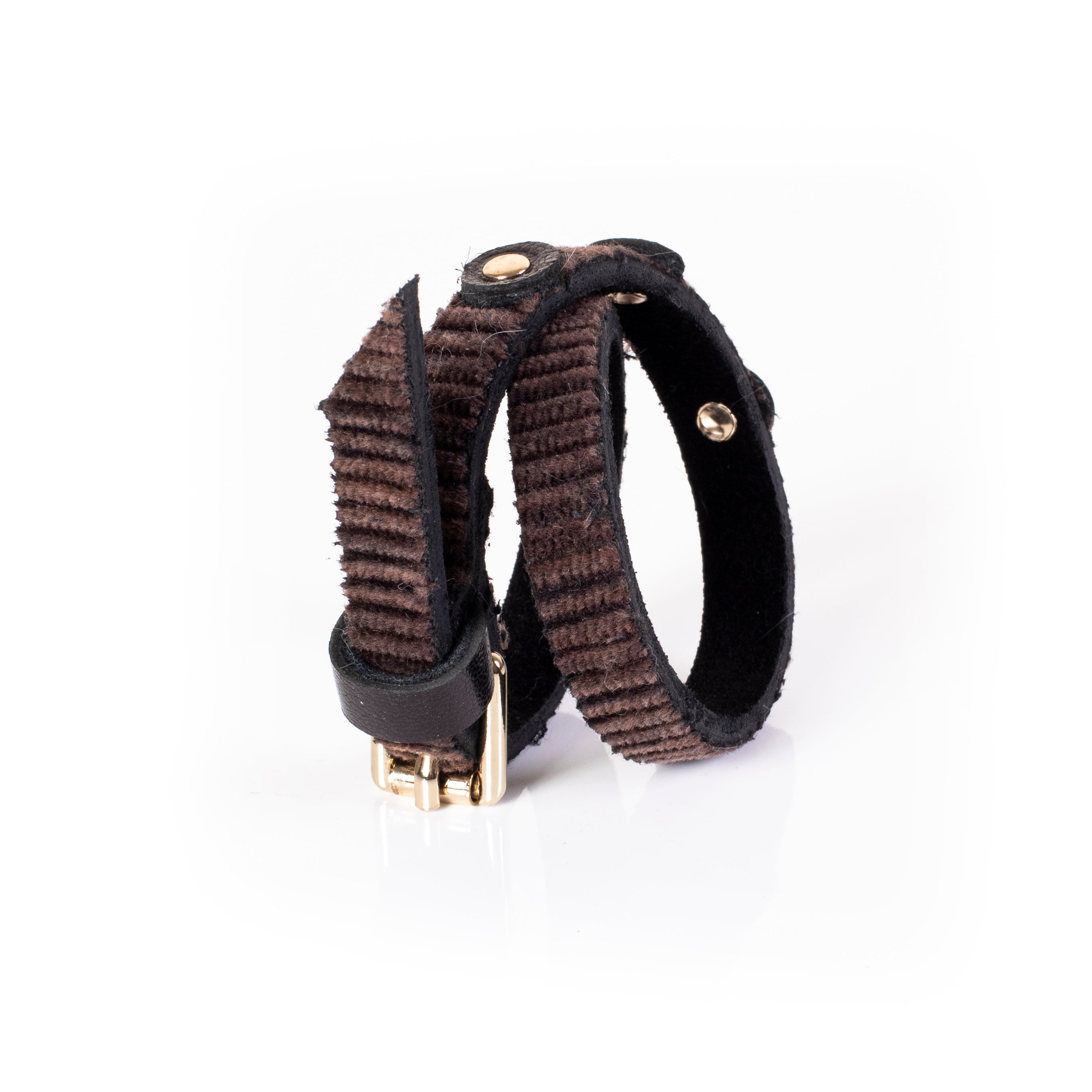 Brown double strap leather bracelet with ribbed texture and gold stud accents, handcrafted layered design for women