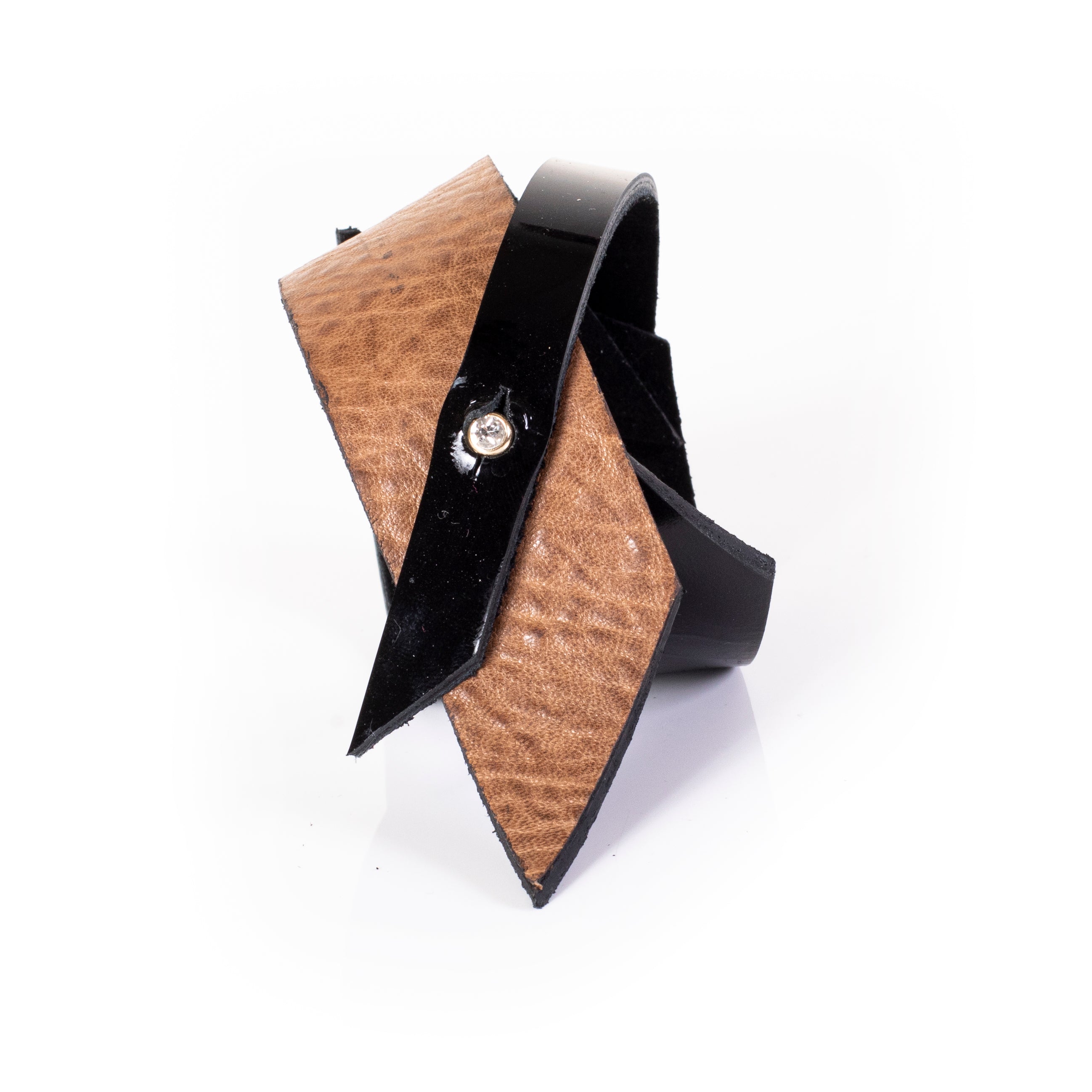 Black and brown leather cuff bracelet with layered pointed flaps, edgy asymmetrical statement bracelet for women