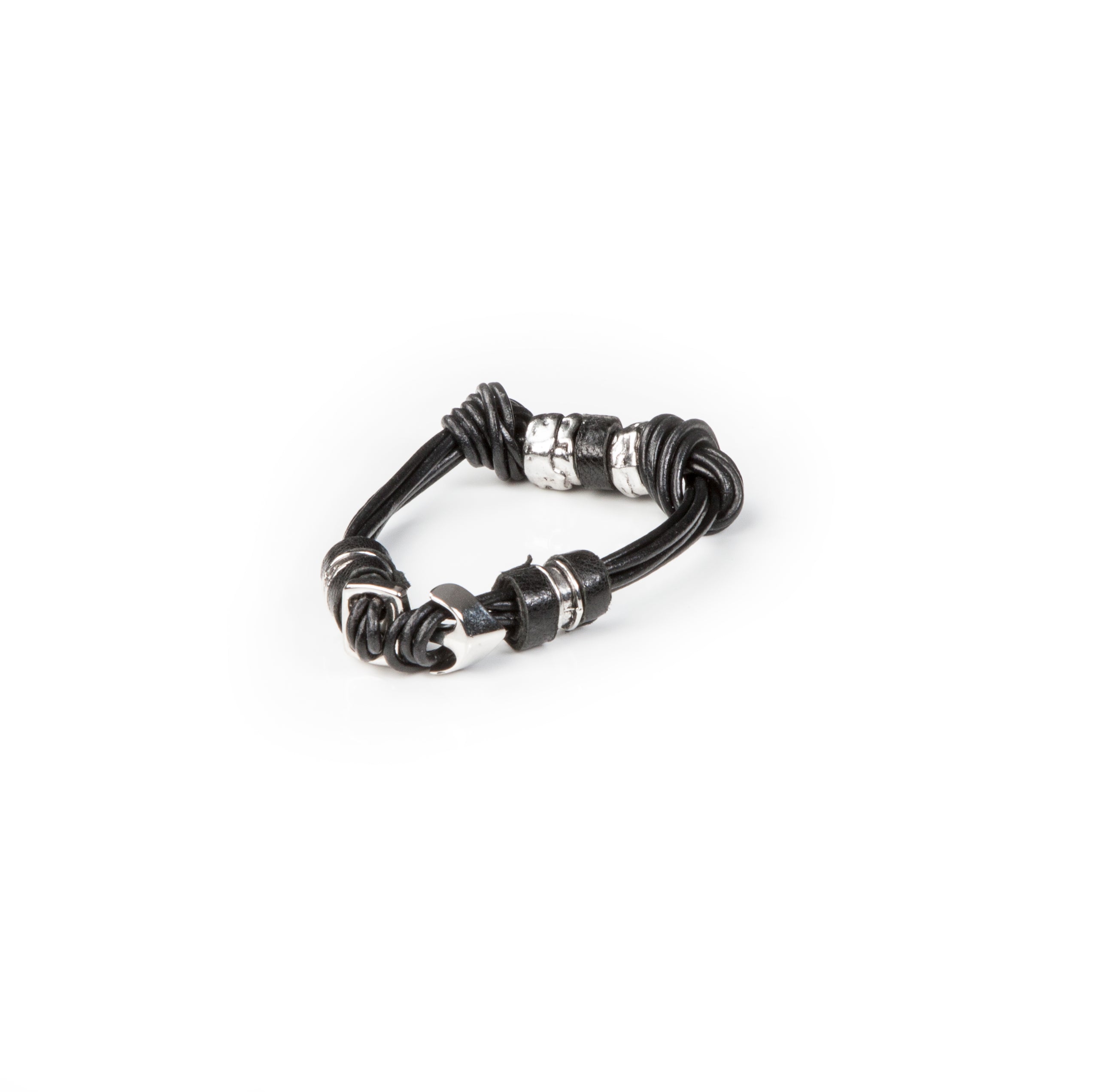 Black multi-strand leather bracelet with knot details and silver-tone accents on white background