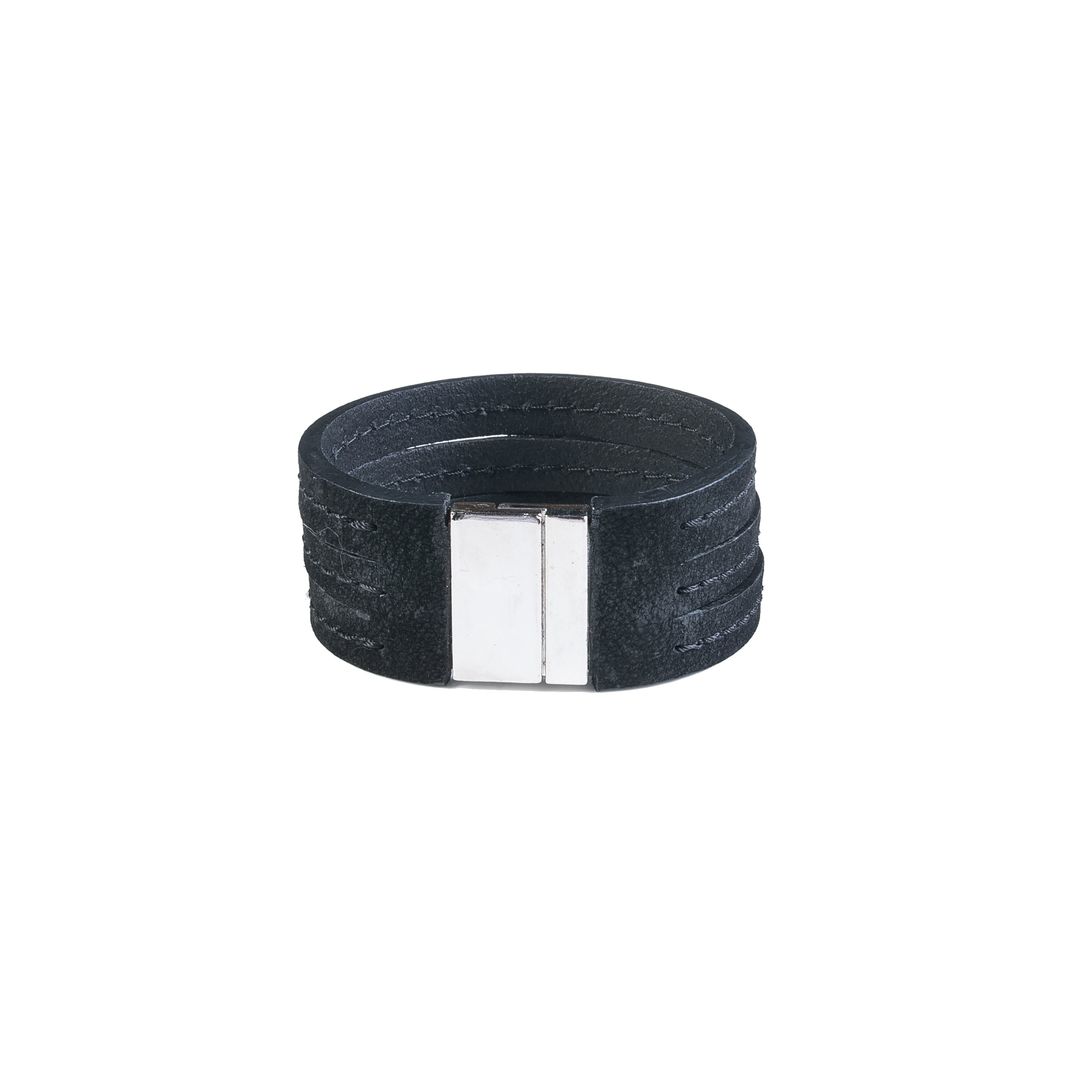 Handmade black leather bracelet featuring multiple layered leather bands and a modern stacked cuff design.